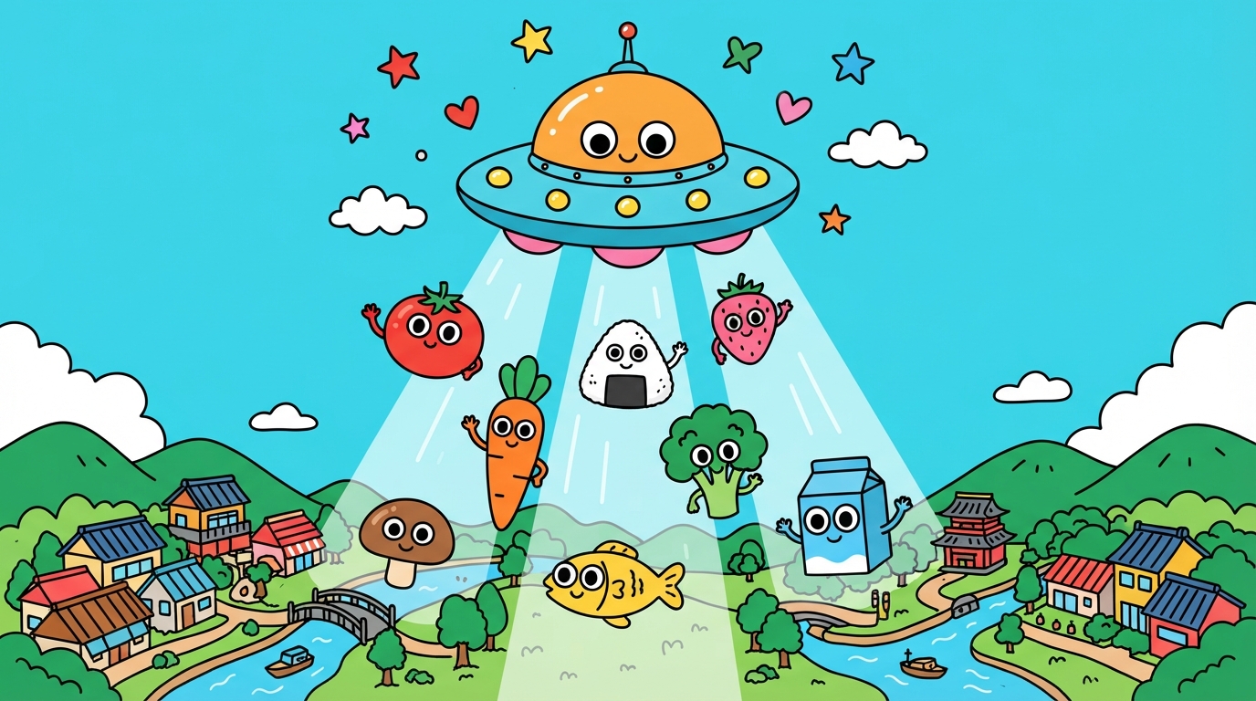 円盤からショックザーイ星人がまちにおりてくるイラスト